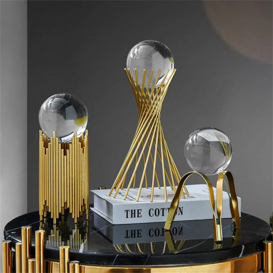 Abstract Shape Crystal Ball Craft Ornament Golden Iron Art Statue Luxury Figurine Decor Glass