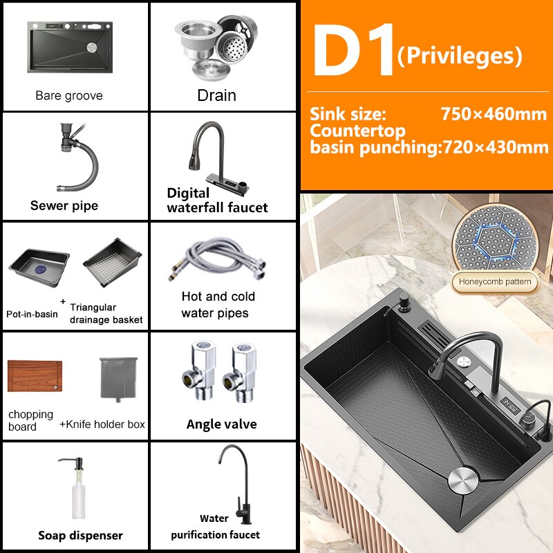 Digital Display Waterfall Sink Embossed Stainless Steel Kitchen Large Single Bowl Black Washbasin