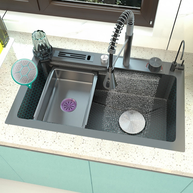 Stainless Steel Spring Waterfall Sink  Embossed Kitchen Large Single Slot Washing Basin Dishwasher