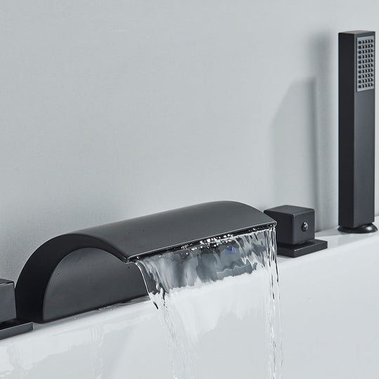 Black Brass Waterfall Bathtub Faucet Widespread Tub Sink Tap Three Handles Hot Cold Water Mixer