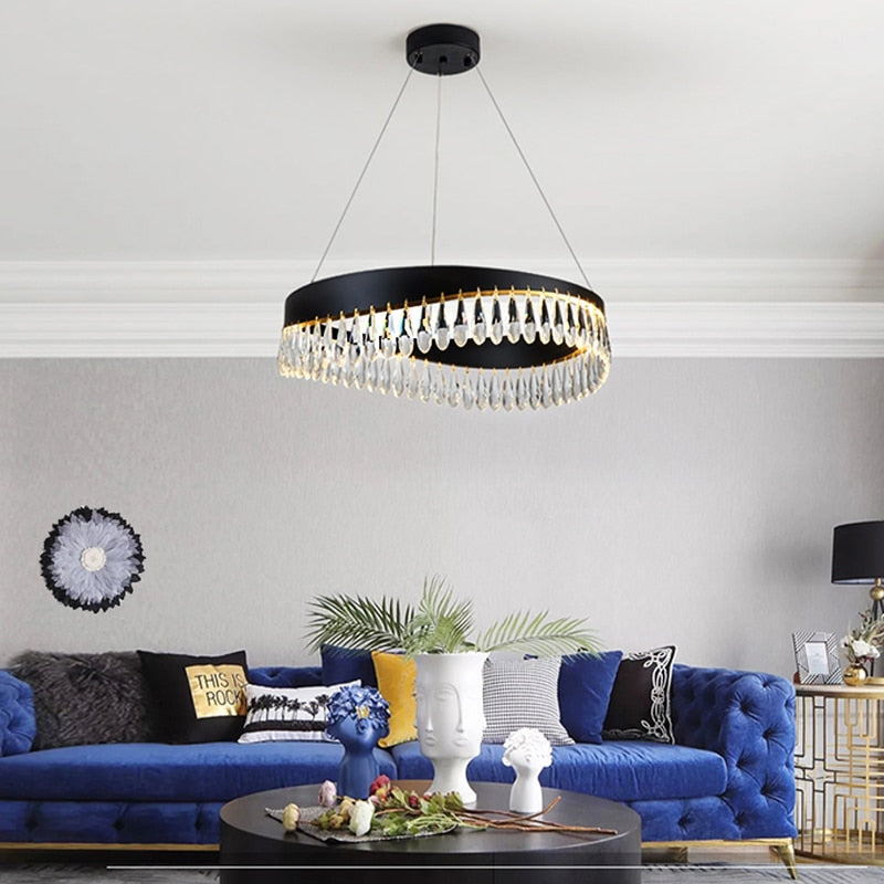 Artistic Curve Modern Suspension Chandeliers Black Luxury Crystal Hanging Lamps For Ceiling