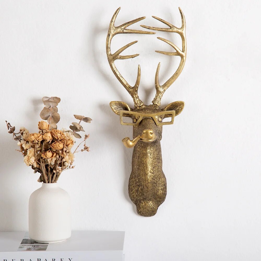 Antique Bronze Resin Animal Pendant Golden Deer Head Wall Storage Hook Up Background Accessories