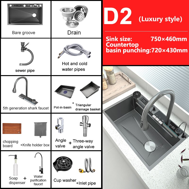 Stainless Steel Waterfall Kitchen Sink Digital Display Embossed Large Single - Slot Multifunctional