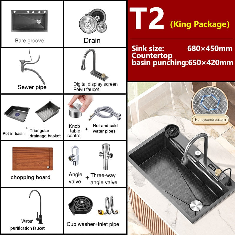 Kitchen Sink Large Single Slot Stainless Steel Waterfall Household Embossed Washing Basin Utensils