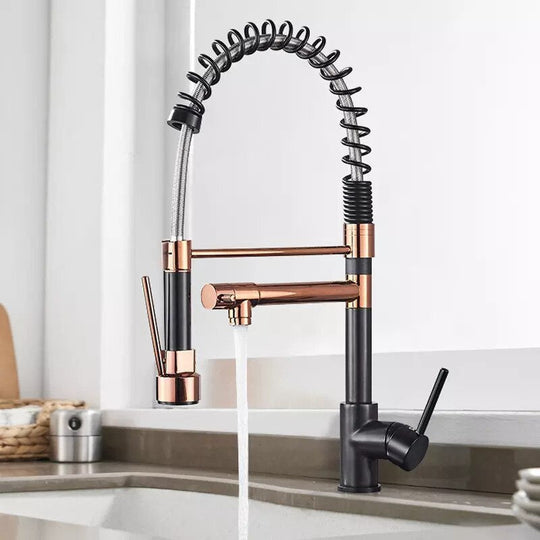 Pull Down Spring Kitchen Faucets Rose Gold Hot Cold Sink Mixer Tap Deck Mounted Brass Black Faucet