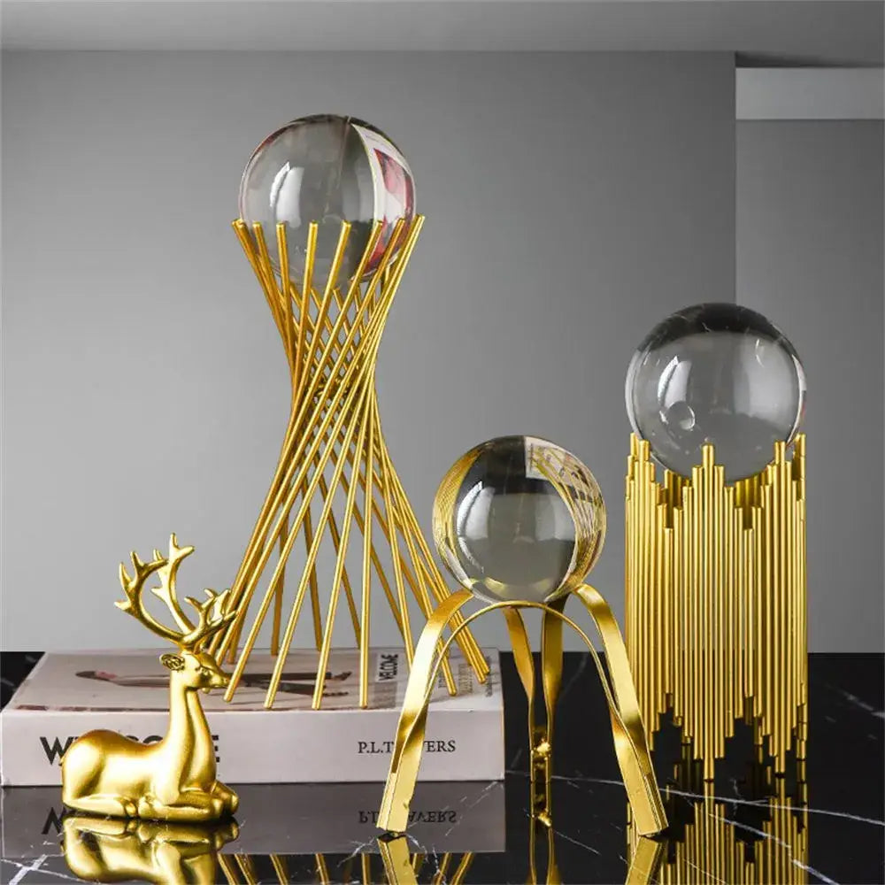 Abstract Shape Crystal Ball Craft Ornament Golden Iron Art Statue Luxury Figurine Decor Glass