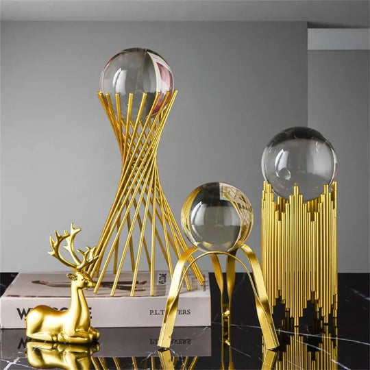 Abstract Shape Crystal Ball Craft Ornament Golden Iron Art Statue Luxury Figurine Decor Glass