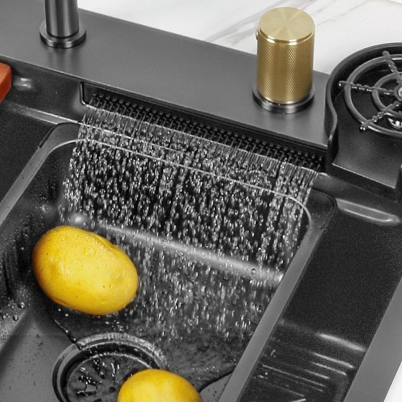 Black Nano Kitchen Sink 304 Stainless Steel Waterfall Basin Large Single Bowl With Multifunction