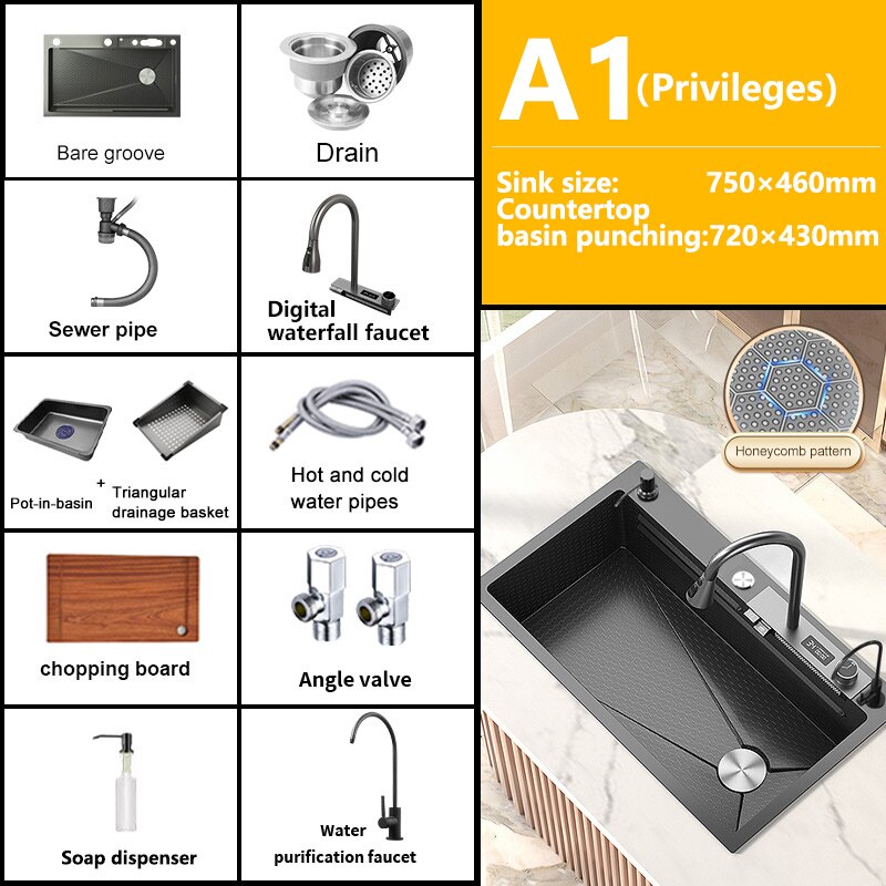 Stainless Steel Kitchen Sink Digital Display Embossed Waterfall Sink Large Single Slot