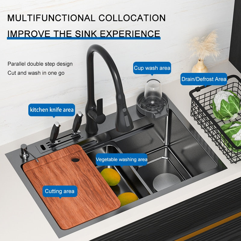 Kitchen Sink 304 Stainless Steel Topmount Sink With Knife - Holder Multifunction Single Bowl Wash