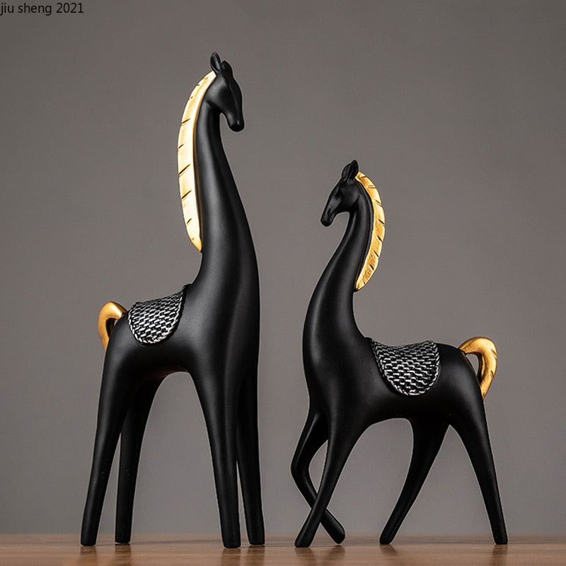 2 Piece - Luxury Golden Horse And Elk Figurines: Resin Animal Sculpture For Elegant Home Decor Items