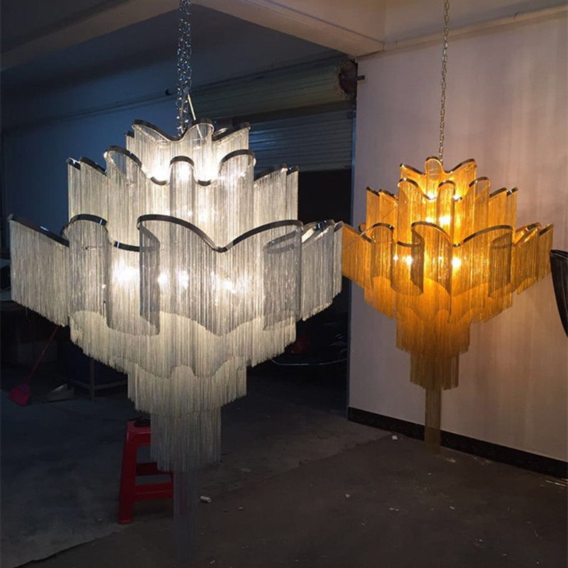Aluminium Chain Chandelier Fringed Pendant Lamp Luxury Stair Silver Gold Ceiling Light For Home