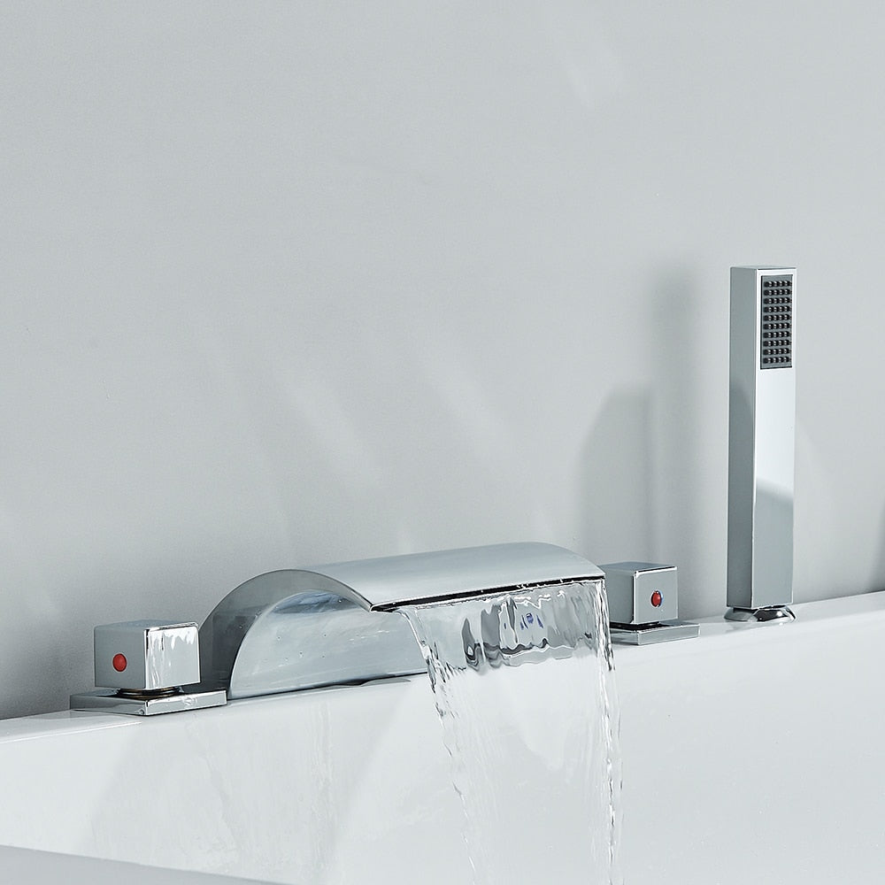 Black Brass Waterfall Bathtub Faucet Widespread Tub Sink Tap Three Handles Hot Cold Water Mixer