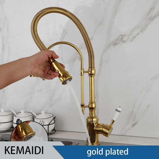 Golden Spring Pull Down Kitchen Sink Faucet Hot &amp; Cold Water Mixer Crane Tap With Dual Spout Deck
