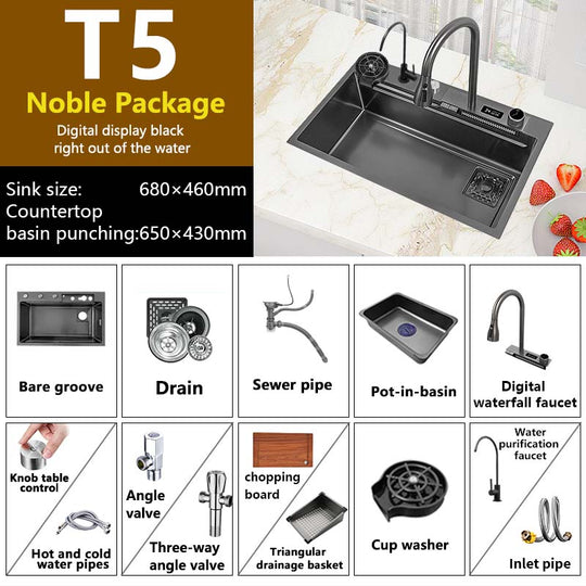 Waterfall Sink Kitchen 304 Stainless Steel Large Single Slot With Multifunction Touch Faucet Above