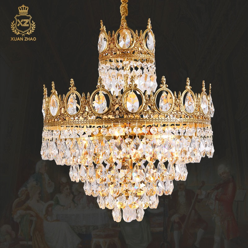 Baroque Royal Crown Crystal Pendant Lamp - Elegant Gold Hanging Light For Living And Dining Rooms