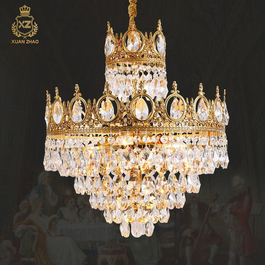 Baroque Royal Crown Crystal Pendant Lamp - Elegant Gold Hanging Light For Living And Dining Rooms