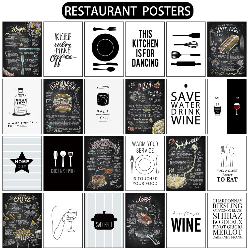 Black White Canvas Painting Nordic Kitchen Quotes Wall Posters Art Prints Pictures For Dining Room