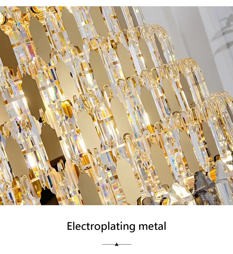 Large Chandelier Indoor Decorative Luxurious Golden Amber Crystal Long Chain Lamp For Lobby Villa