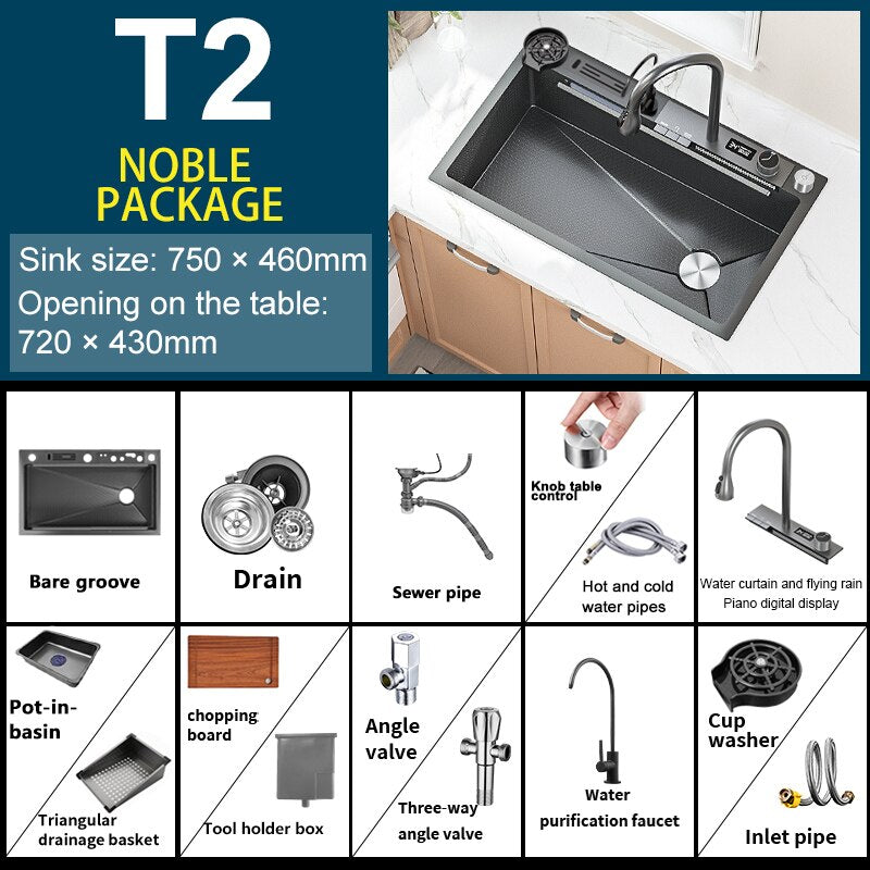 Digital Display Waterfall Sink Embossed Stainless Steel Kitchen Large Single Bowl Black Washbasin