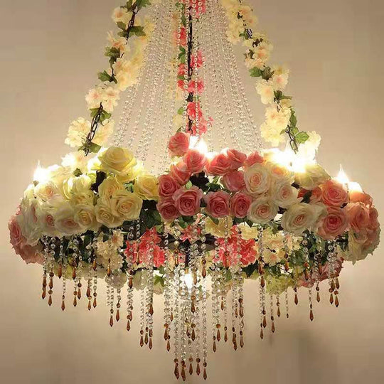 Simulation Rose Crystal Chain Tassel Pendant Light Theme Hollow Restaurant Wine Market Romantic