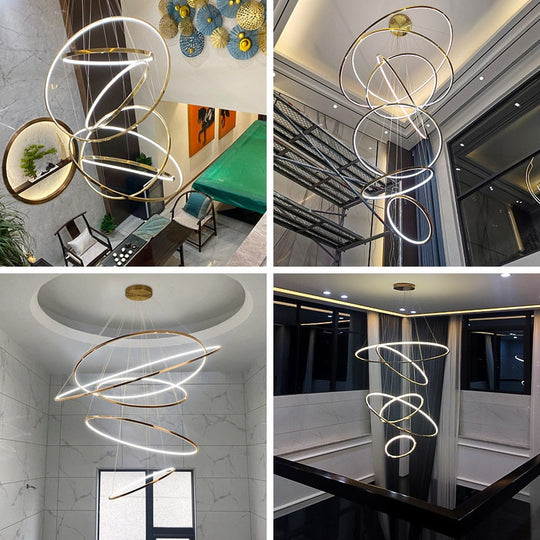 Art Deco Led Stainless Steel Golden Silver Ring Hanging Lamps Lustre Pendant Light Lighting