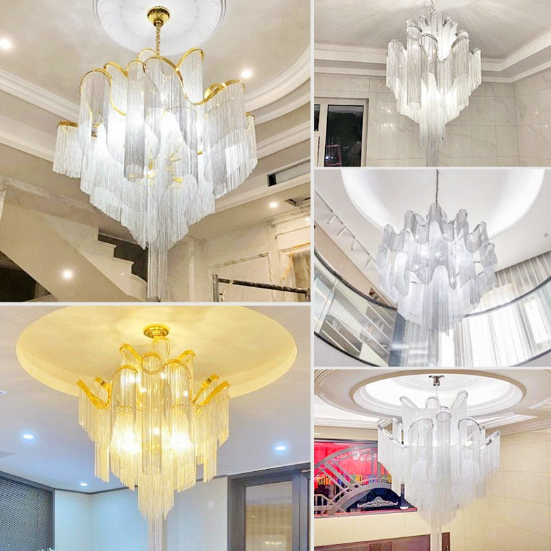Aluminium Chain Chandelier Fringed Pendant Lamp Luxury Stair Silver Gold Ceiling Light For Home