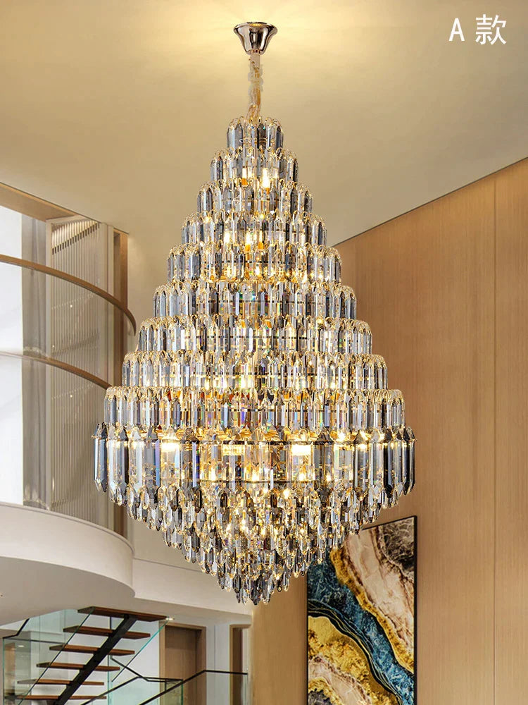 Large Chandelier Indoor Decorative Luxurious Golden Amber Crystal Long Chain Lamp For Lobby Villa