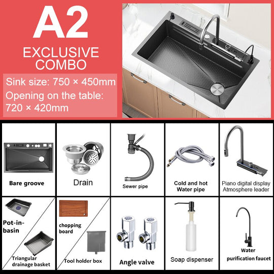 Digital Display Waterfall Sink Embossed Stainless Steel Kitchen Large Single Bowl Black Washbasin