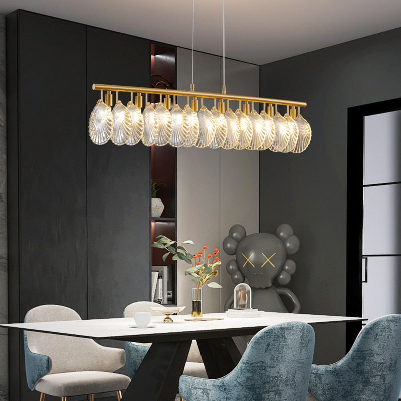 Luxury Chandelier For Dining Room Kitchen Island Rectangle Shell Glass Led Light Fixture Bar