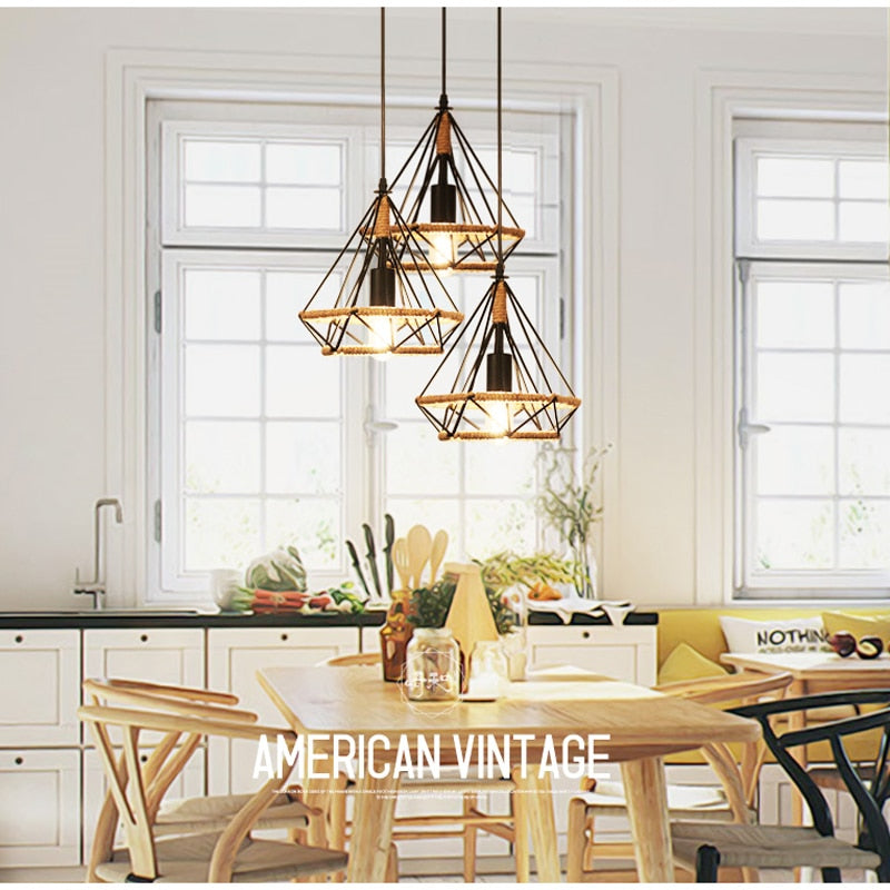 Retro Industrial Chandelier Russian Attic Cage Diamond - Shaped Hemp Rope Dining Room Living