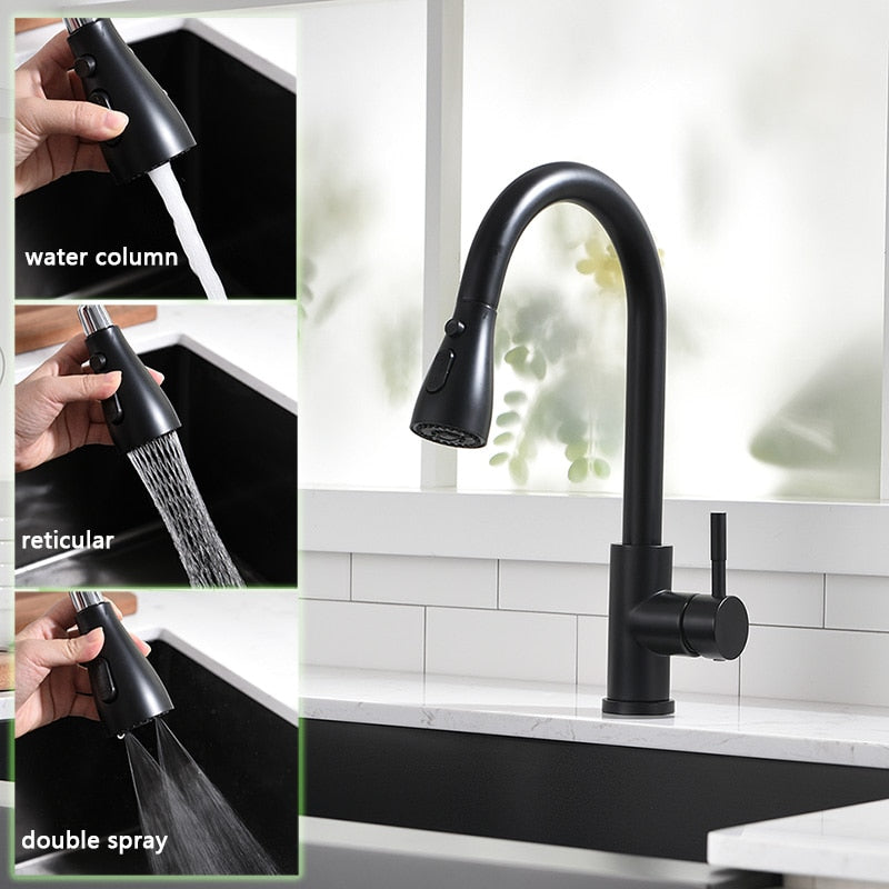 Pull Out Kitchen Sink Faucet With 3 Modes Water Outlet Spout 360 Degree Rotation Matte Black Bar