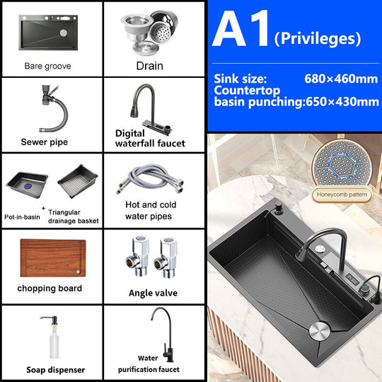 Stainless Steel Kitchen Sink Digital Display Embossed Waterfall Sink Large Single Slot
