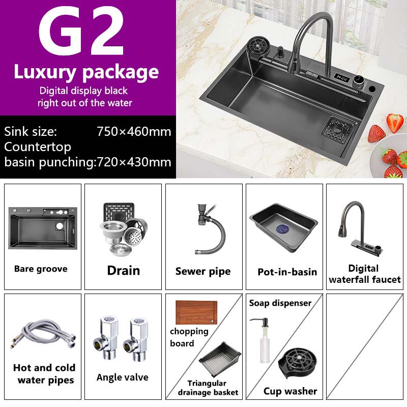 Waterfall Sink Kitchen 304 Stainless Steel Large Single Slot With Multifunction Touch Faucet Above
