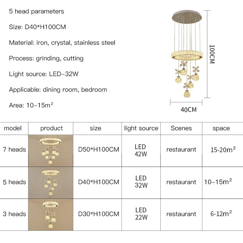 Post - Modern Led Chandelier Nordic Simple Light Luxury 3/5/7 Head Crystal Pendent Lamp Suitable
