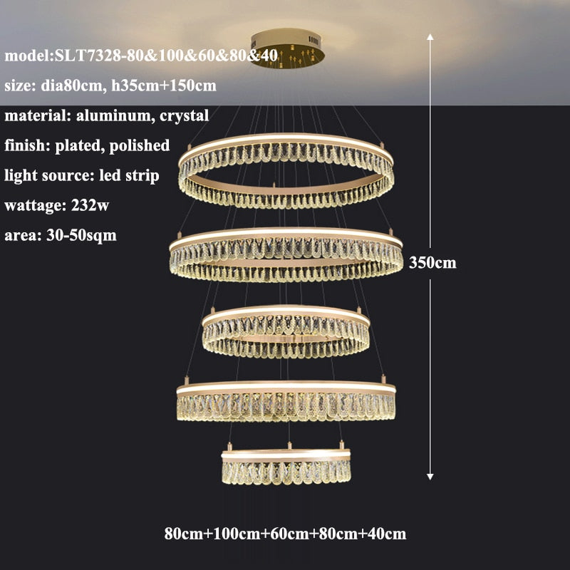 Modern Led K9 Crystal Chandelier 3 / 4 Ring Living Dining Room Hanging Light Circle Pendant Lamp