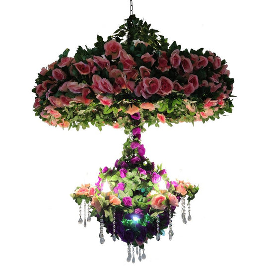 Simulation Flower Chandelier Theme Restaurant Wine Market Double Rose Crystal Chain Romantic