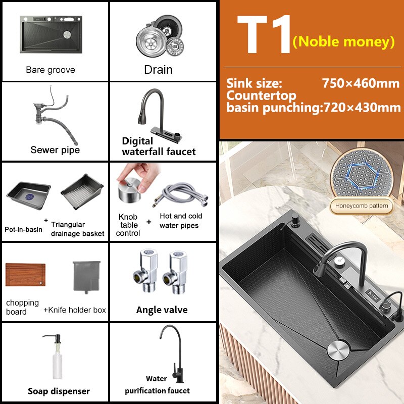 Stainless Steel Kitchen Sink Digital Display Embossed Waterfall Sink Large Single Slot