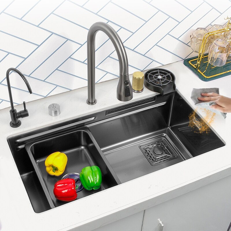 Black Nano Kitchen Sink 304 Stainless Steel Waterfall Basin Large Single Bowl With Multifunction