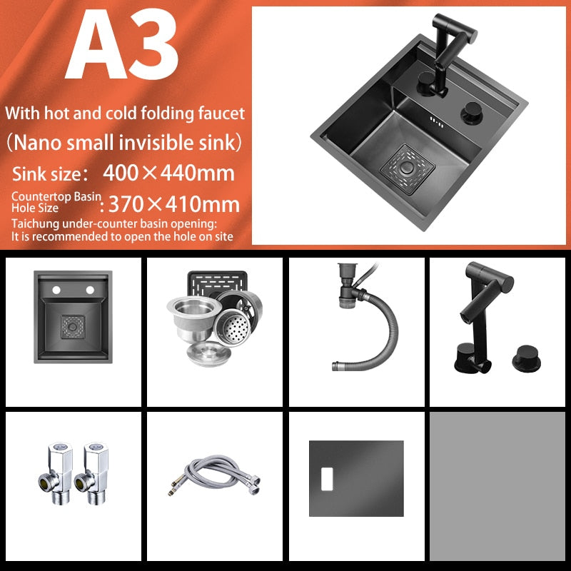 Bar Sink Single Bowl Hidden Black Kitchen Undermount Stainless Steel Square Small Size Sinks Or