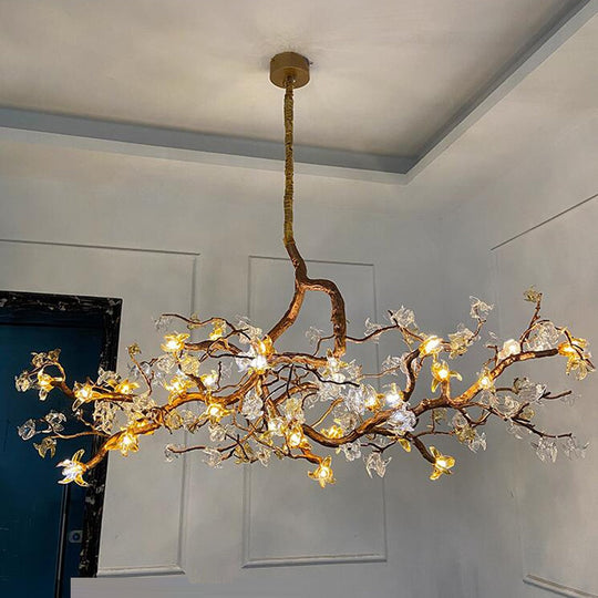 Gold Flower Chandelier - Luxury Copper Lamp With Art Glass Modern Led Lighting For Dining Living