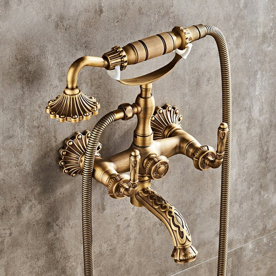 Antique Brass Bathtub Shower Faucets Set Wall Mounted Bath Swivel Tub Spout Dual Control Carved