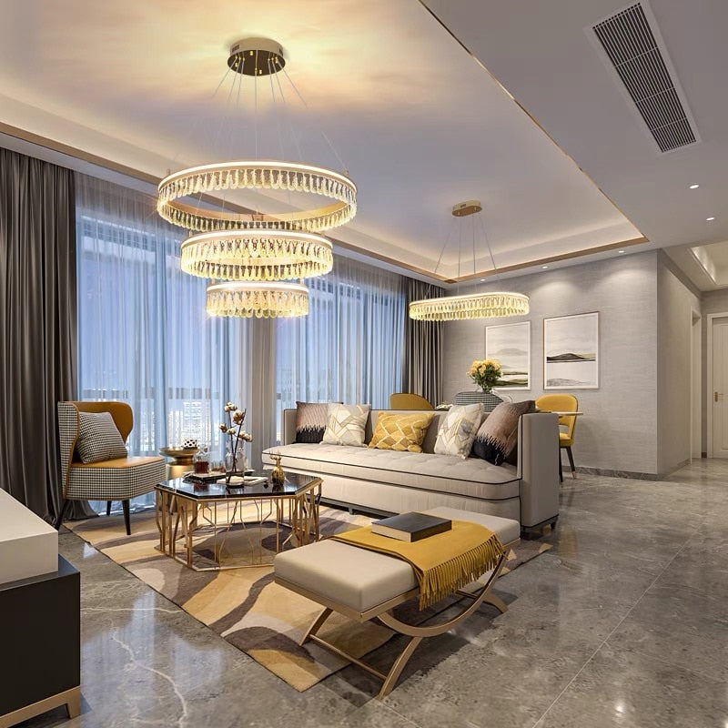Modern Led K9 Crystal Chandelier 3 / 4 Ring Living Dining Room Hanging Light Circle Pendant Lamp