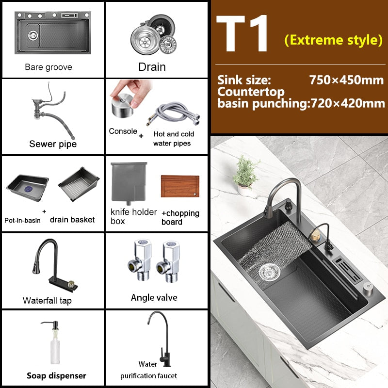 Waterfall Kitchen Sink Stainless Steel Embossed Washbasin Large Single Slot Left Drain
