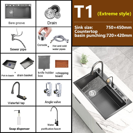 Waterfall Kitchen Sink Stainless Steel Embossed Washbasin Large Single Slot Left Drain