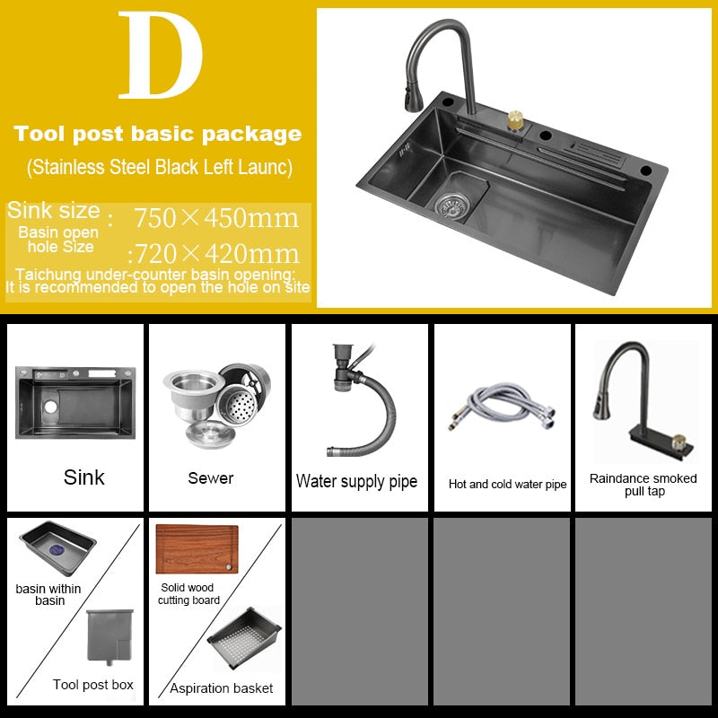 304 Stainless Steel Kitchen Waterfall Sink Digital Display Large Single Dish Basin With