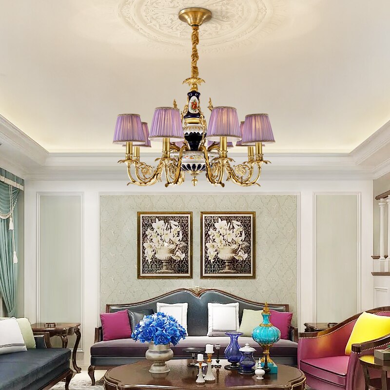 French Vintage Style Full Copper Chandelier Hand - Painted Ceramic Pattern Creative Villa Hotel