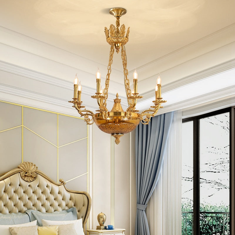 European Antique Brass Pendant Light Decor Chandelier Exquisite Lost Wax Casting Bronze Hanging