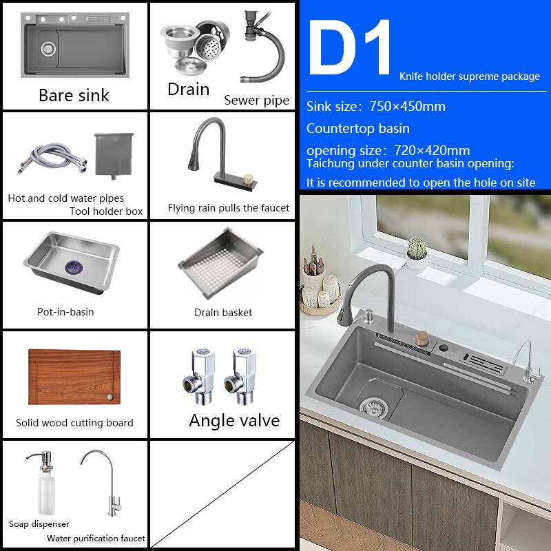 New Grey Nano 304 Stainless Steel Kitchen Sink Waterfall Basin Large Single Slot With Faucet For