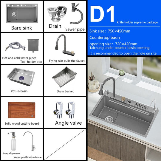 New Grey Nano 304 Stainless Steel Kitchen Sink Waterfall Basin Large Single Slot With Faucet For